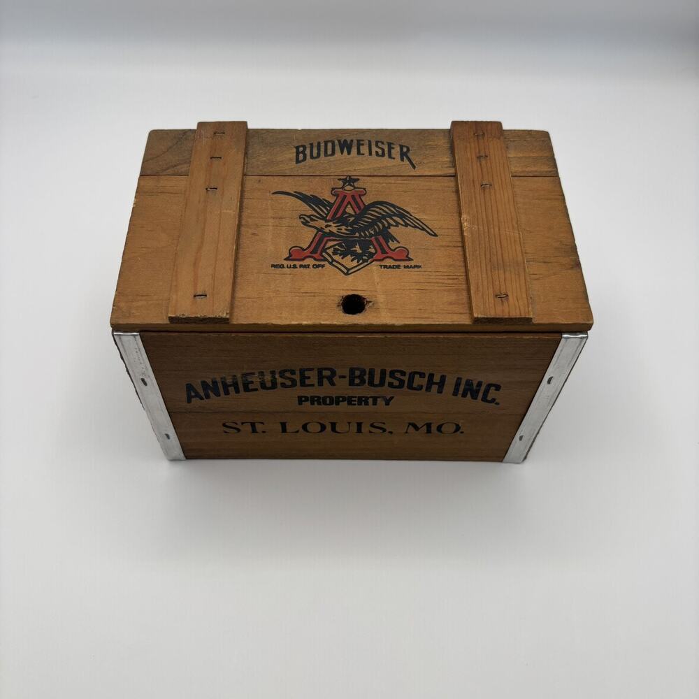 Vintage Mini 6" Anheuser Busch Budweiser Small Wood Beer Crate Box w/ Hinged Lid